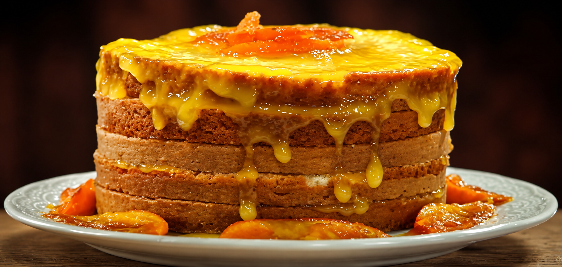 Bolo de laranja com calda e geleia finalizado